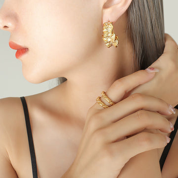Gold And Steel Ruffled Texture Geometric Hoop Earrings