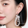 Silver Tone Flower And White Pearl Double Loop Stud Earrings view 2