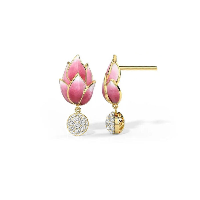 Gold Tone Pink Lotus Bud Stud Earrings Clear CZ Drop