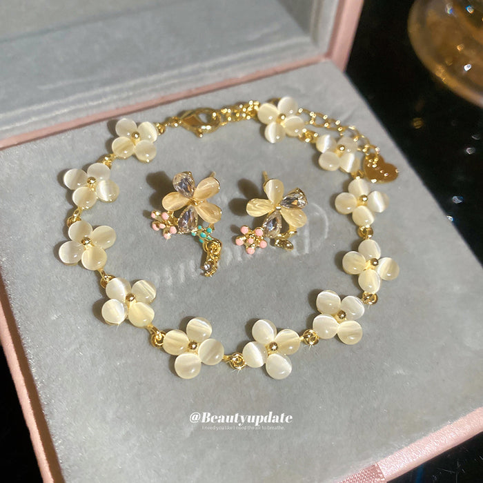 Gold Cats Eye Flower Bracelet Crystal Stud Earrings