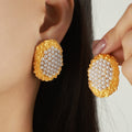 Gold Oval Textured Stud Earrings Pearl or Crystal Center view 3