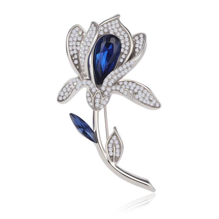 White Gold Tone Tulip Crystal Metal Brooch Pin for Jackets and Lapels