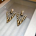 Gold Tone Striped Triangle Drop Earrings With Clear Crystal Studs view 6