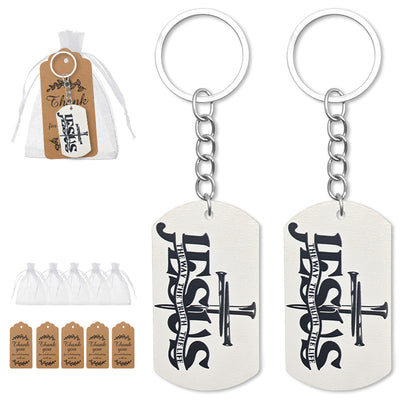 Jesus wooden dog tag keychains with organza bags and kraft thank-you tags