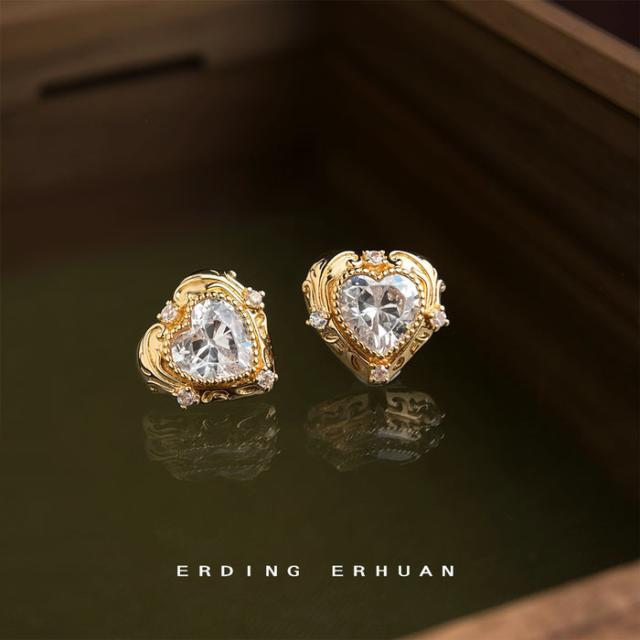 Gold Heart Crystal Stud Earrings Ornate Beaded Frame