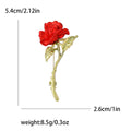 Red Enamel Rose Brooch Gold Green Leaf Stem Single Style view 5