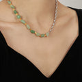Green Natural Stone Bead Necklace Silver Chain Gold Spacers view 1