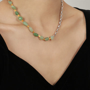 Green Natural Stone Bead Necklace Silver Chain Gold Spacers
