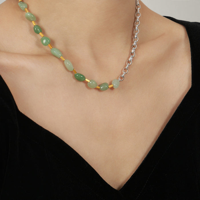 Green Natural Stone Bead Necklace Silver Chain Gold Spacers