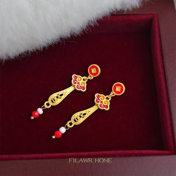 Gold Red Enamel Ruyi Cloud Drop Earrings Coin Stud Tops