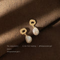 Gold Tone Open Organic Top And Baroque White Pearl Stud Earrings view 3