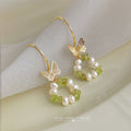Gold Tone Green Chip Pearl Like Wreath Butterfly Hook Earrings view 3