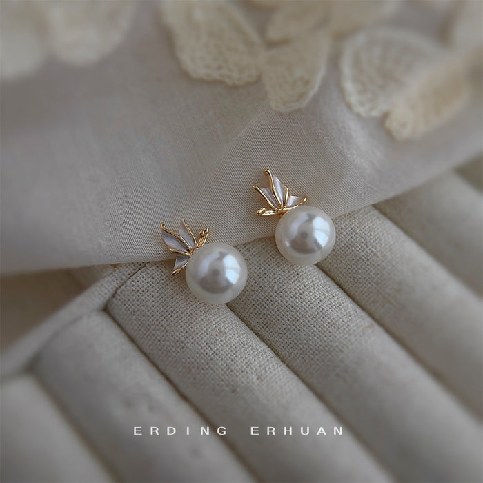 White Glass Pearl Butterfly Wing Stud Earrings Gold Tone