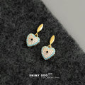 Gold Oval Stud Pave Heart Drop Earrings Turquoise Rim view 3