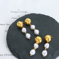 Gold Dome Ball Stud Earrings Dual White Pearl Drop Dangles view 2