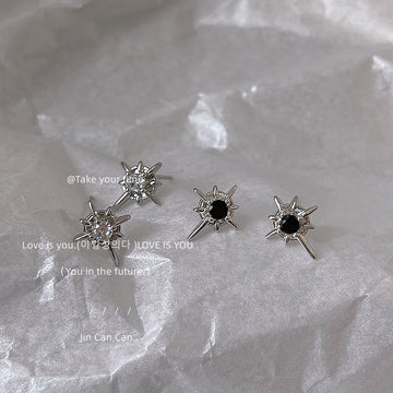 Silver Mini Starburst Stud Earrings Black White Crystal