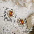 Gold Tone Amber Oval Stud Earrings Clear Marquise Halo Frame view 4