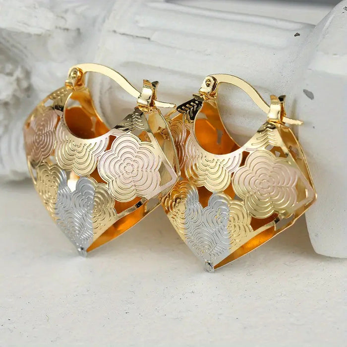 Two Tone Floral Cutout Diamond Hoop Earrings Polished Statement Fashion Jewelry