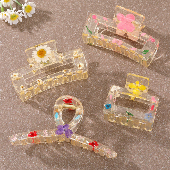 Transparent Resin Pressed Flower Rectangular Hair Claw Clips