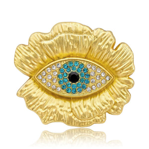 Evil Eye Brooch Pin with Teal and Clear Stones, Matte Gold-Tone Textured Alloy