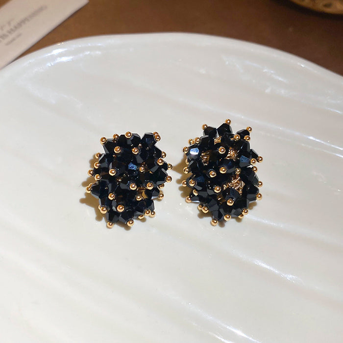 Black Crystal Cluster Stud Earrings With Gold Tone Frames