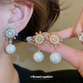 Crystal Flower and Pearl Drop Stud Earrings in Two Colors view 1