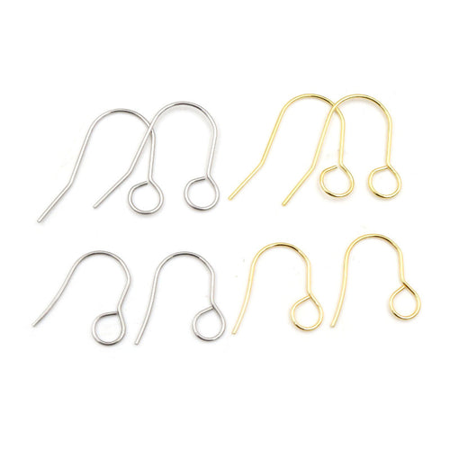 Overview of slim fishhook earring wires with open round attachment loops on a light background