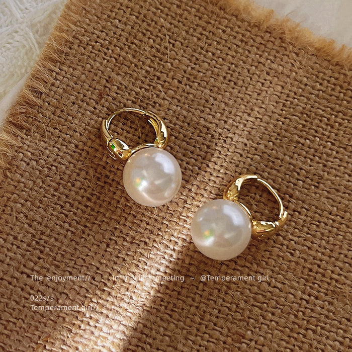 Gold Huggie Hoop Earrings Round White Pearl Drop Pair