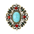Ornate Oval Turquoise Color Crystal Brooch for Jackets, Coats, and Scarves view 1