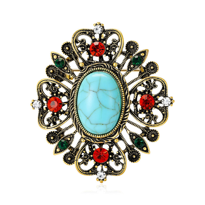 Ornate Oval Turquoise Color Crystal Brooch for Jackets, Coats, and Scarves