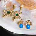Crystal Floral Drop And Blue Cabochon Stud Earrings view 2