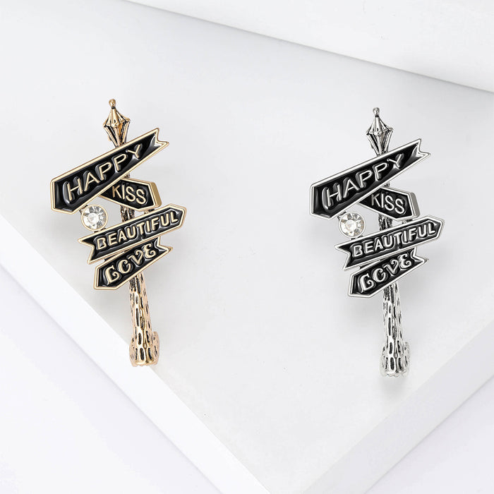 Happy Kiss Beautiful Love Signpost Brooch Enamel Crystal