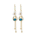 Blue Teardrop White Flower Gold Tone Extra Long Hook Earrings view 5