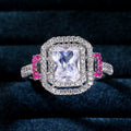 Square White Stone Ring with Pink Side Stones and Pavé Halo view 4
