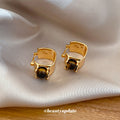 Pair of Metal Tone Gold Tone Square Brown Cabochon Hoop Earrings view 3
