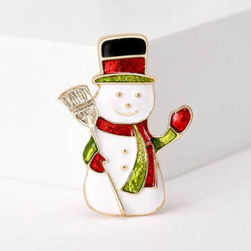 Enamel Snowman Brooch Top Hat Broom Red Green Scarf Accent