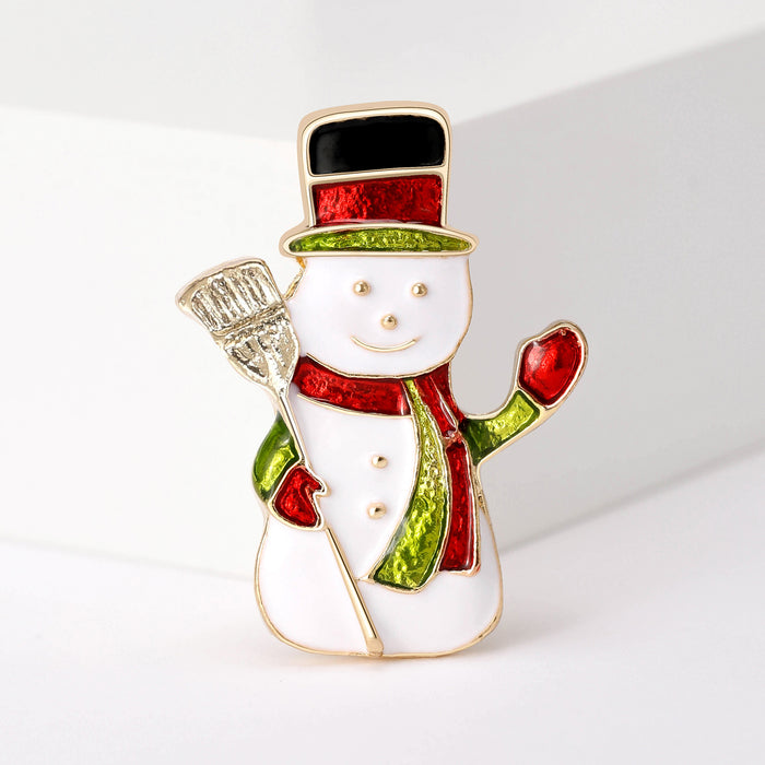 Enamel Snowman Brooch Top Hat Broom Red Green Scarf Accent