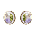 Gold Tone Lavender Tulip Green Leaf And Pearl Stud Earrings view 5