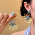 Wire Frame Flower Drop Earrings with Woven Rose Centers view 3