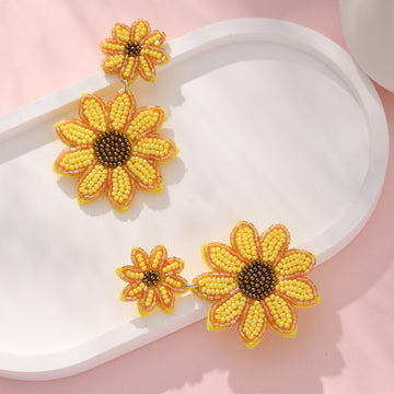 Felt Sunflower Seed Bead Drop Earrings Yellow Orange Brown