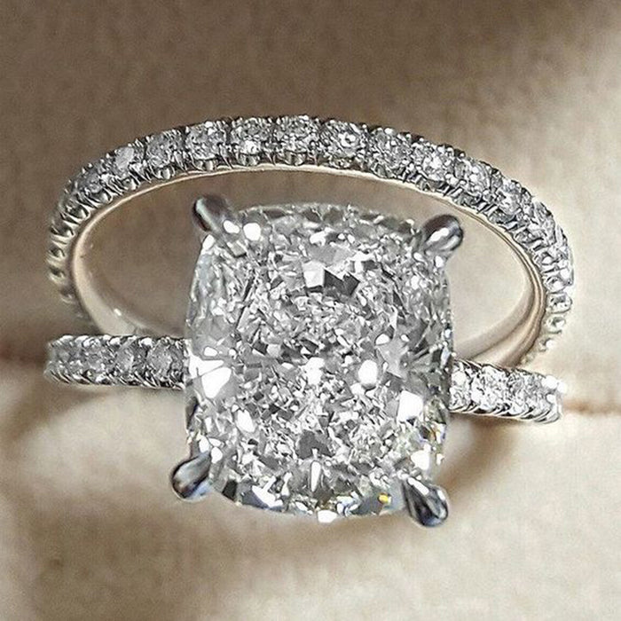 Oversized Rectangular Clear Solitaire Two-Ring Set In Silver Tone