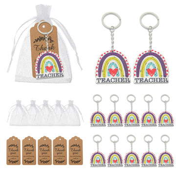 Wood Teacher Rainbow Heart Keychain Printed Charm Ring