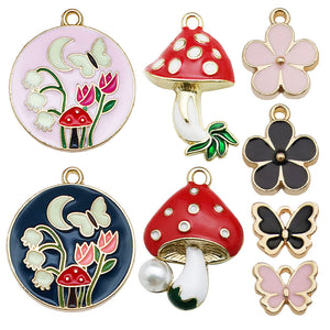 Enamel Mushroom, Butterfly, Flower, and Disc Charms, Zinc Alloy