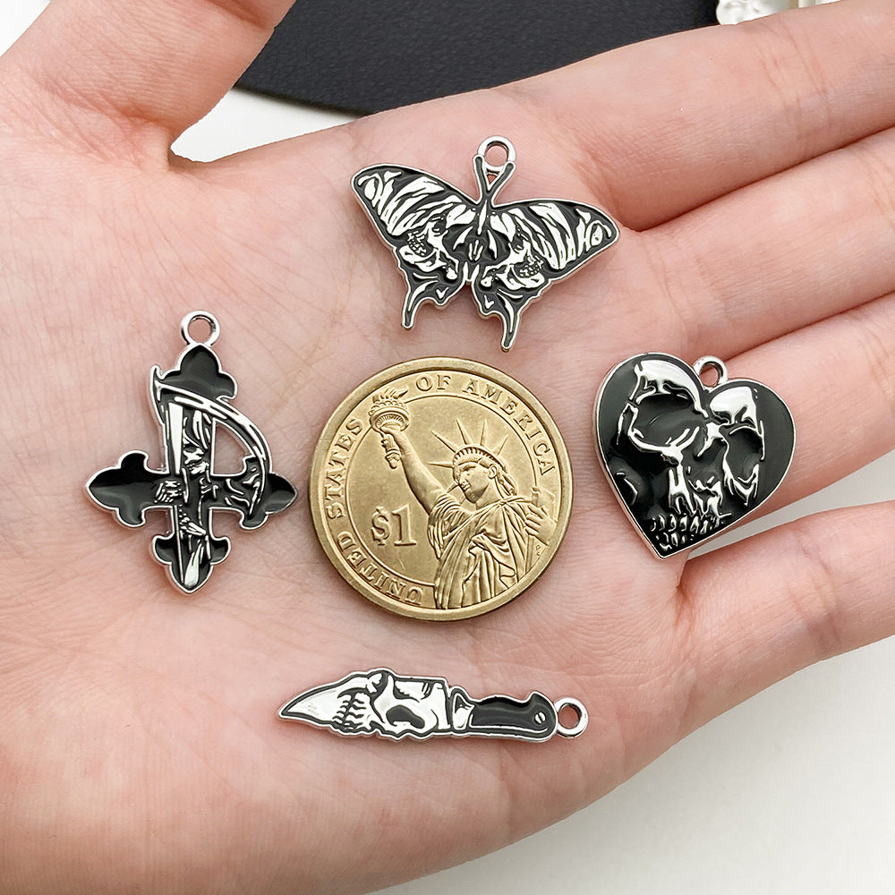 Zinc Alloy Dark Butterfly Skull Cross Poker Heart Charm Pendant for DIY Earring Necklace