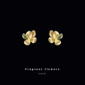 Gold Tone Yellow Flower Green Leaf Stud Earrings For Women view 3