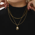 Gold Open Oval Frame Pearl Pendant Necklace Paperclip Chain view 4