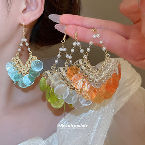 Shell Sequin Chandelier Hook Earrings in White Fashion Earrings