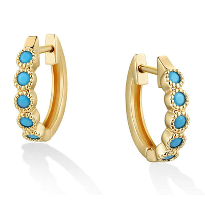 Gold turquoise blue bezel stone huggie hoop earrings pair front view
