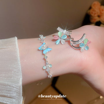 Silver Blue Butterfly Slider Bracelet and Flower Hoop Earrings