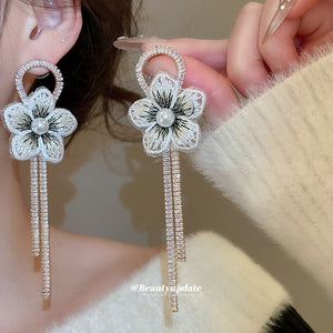 Blue Fabric Flower Earrings With Pearl And Chain Fringe